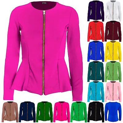 Plus Size Ladies Womens Tailored Zip Up Peplum Ruffle Frill Jacket Blazer Top • £10.99