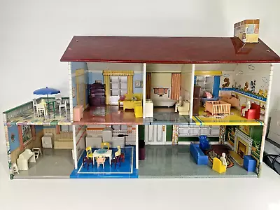 VTG 1950s MARX Litho Metal Tin Doll House 4052 Furnished W/ Original Dolls - VGC • $175