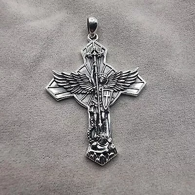 925 Sterling Silver Winged St. Michael Archangel Cross Pendant • $57.13