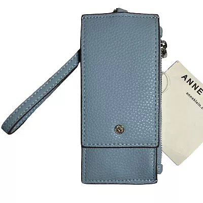 Anne Klein Flap Wallet Wristlet Credit Card Case Light Blue Faux Leather ZipSnap • $19.90