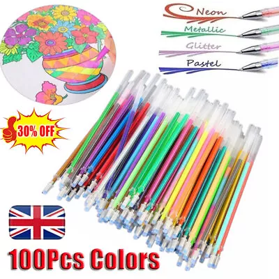 100pc Gel Pens Refills Set Metallic Pastel Glitter Neon For Adult Colouring Book • £7.67