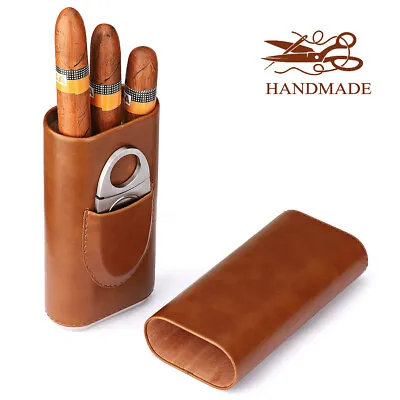  3- Finger Elegant Leather Cigar Case With Cedar Wood Lined CigarCigar • $19.99