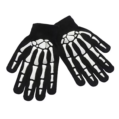 Goth Winter GLOW SKELETON HAND BONE GLOVES Black/White Stretch Knit-ADULT Unisex • $5.97