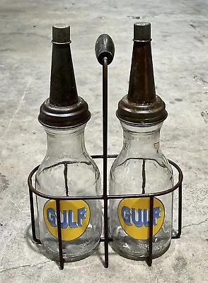 Set Of (2) GULF Motor Oil Bottles W/ Metal Wire Oil Bottle Carrier • $151.47