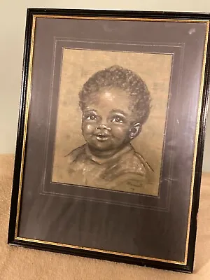Vintage / African American/ Little Boy / Charcoal Drawing Signed / Beautiful • $92.56