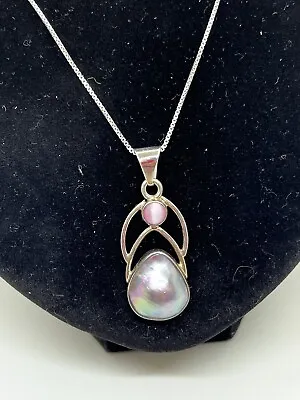 MABE Blister Pearl Abalone 925 Sterling Silver Chain Pendant W/ Pink Cat Eye • $65