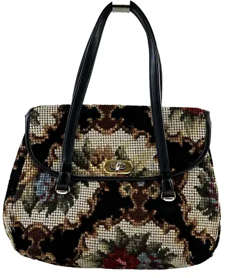Vintage Floral Needlepoint Tapestry Handbag Carpet Bag Double Handle Purse • $24.49