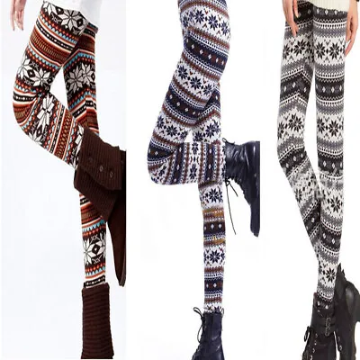 Women's Winter Festive Reindeer/Snowflake Patterned Thick Fleece Lined Leggings • $10.96
