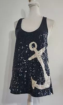 J Crew Glam Tank Top Navy Sequins White Nautical Pool Boating Anchor Size Large  • $24.99
