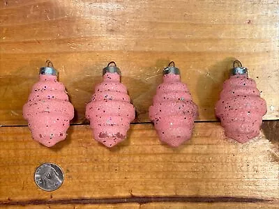 Vintage Lot Shiny Brite Frosted Pink Christmas Lantern UFO Ornament Stripe 1950s • $30