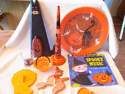 Vintage Halloween Lot: Tin Horn NOS Plates Votive Cutters Picks Record Witch ++ • $42