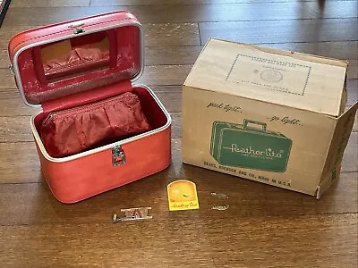 Vintage RED Sears Featherlite Train Case Luggage Suitcase Makeup Carry-on W/Key • $89.99