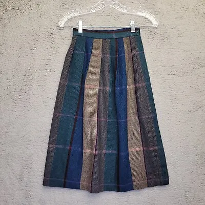 Vtg Victorie Wool Skirt Women’s 0 Blue Brown Plaid Pleated Pencil Business 70s • $19.38