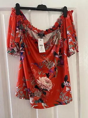 Lipsy Red Floral Spring Summer Stretch Bardot Top Ladies Size 18 🌺 New 🌺 • £14.99