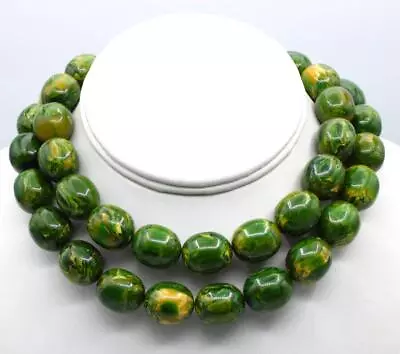 Green & Yellow Marbled Swirl Bakelite Bead Necklace Tested 123.7 Grams 30  Vtg • $36