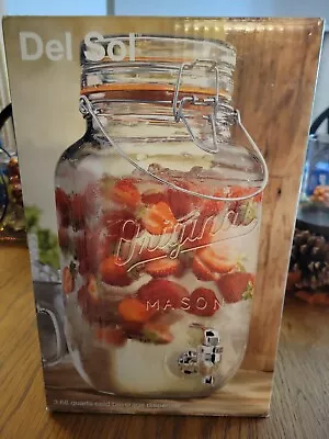 New Del Sol Glass Mason Jar Cold Drink Beverage Dispenser 3.68 Quarts New • $20.18