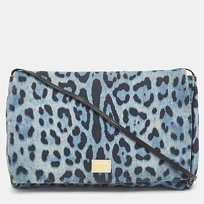 Dolce & Gabbana Blue/Black Leopard Print Denim Flap Shoulder Bag • $450.45