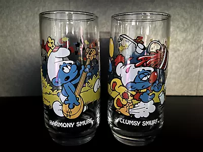 SMURFS Peyo Drinking Glasses Set Of 2 Hardees 1983 Vintage Excellent Condition • $10