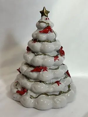 Christmas Tree Vintage Ceramic 8.5  White Red Cardinals Gold Trim NO LIGHT • $34.11