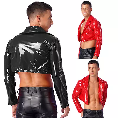 Men's Leather Jacket Latex Rubber Cropped Coat Biker Motorcycle Top T-Shirts • $15.99