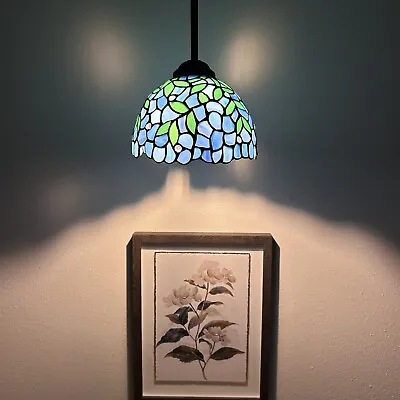 Enjoy Tiffany Style Mini Hanging Lamp Blue Stained Glass Green Leaves LED Bulb • $113.99