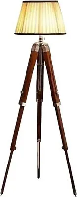 Antique Brass Floor Lamp With Tall Cherry Solid Wooden Tripod Adjustable Height. • $279.41