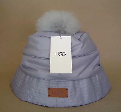 NWT $85 UGG S/M ALL WEATHER BUCKET HAT W/ SHEARLING POM Silver 17420DL18 • $49.99