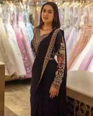 £29.99 • Buy Sequin Silk Saree Black Embroidery Work Indian Wedding Party Wear Designer Sari