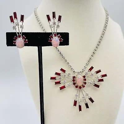 $65 • Buy Vtg Red Baguette Pink Cabochon Starburst Atomic Studded Chain Brooch Earring Set