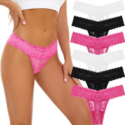 6 Pack Womens Sexy Lace Underwear Ladies Cotton Thongs G-String Knickers Briefs • £5.99