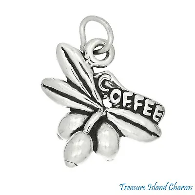 Coffee Beans And Leaves Barista 3D 925 Solid Sterling Silver Charm MADE IN USA • £17.84