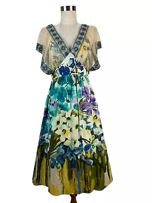 NEW Monique Leshman Blue Watercolor Floral Dress Hand Embroidered Beaded Medium • $229.99