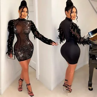 Elegant Women Long Sleeve Rhinestone Feather Mesh Sheer Party Bodycon Mini Dress • $24.83