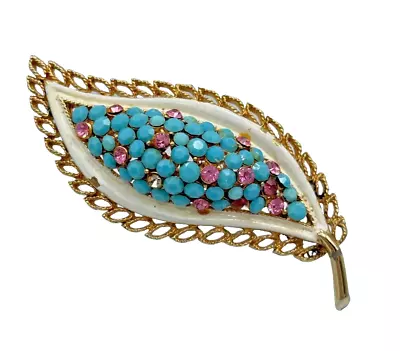 VTG Signed Kramer Faux Turquoise Pink Rhinestone Enamel Leaf Brooch • $25