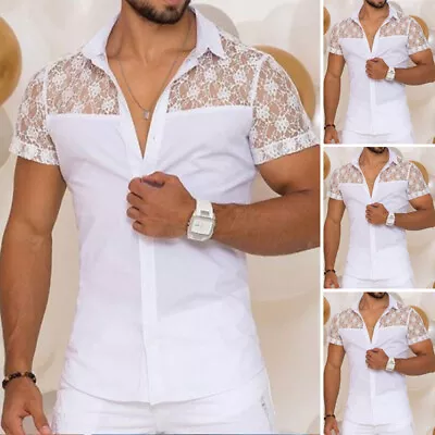 Fashion Men Short Sleeve Lace Floral Mesh Patchwork T-shirt Button Down Tops Tee • $14.11