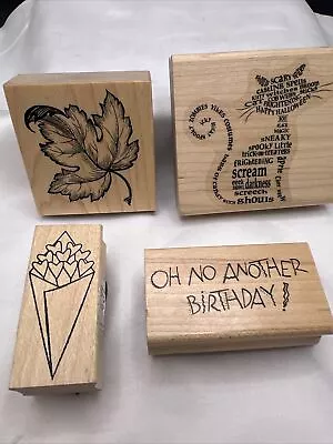 Lot Of 4 Rubber Stamps Birthday Cat Leaf Bouquet Heart Memory Box Hampton Stamp • $12.31