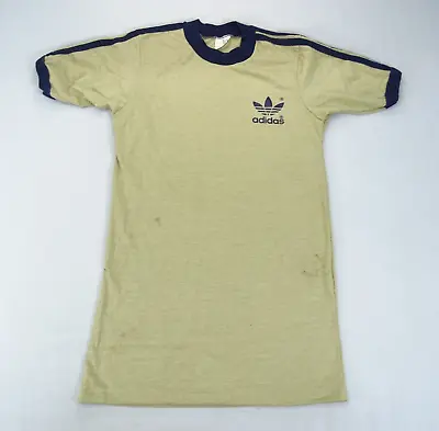 Vintage ADIDAS TREFOIL LOGO 80s Stripe Ringer Single Stitch T-shirt Size S Beige • $34.95