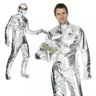 Adult Spaceman Costume Silver Astronaut NASA Flight Suit Fancy Dress Mens • £40.99