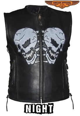 Men's Plain Black Leather Vest SOA Motorcycle Reflective Evil Skulls Waistcoat • $89.99