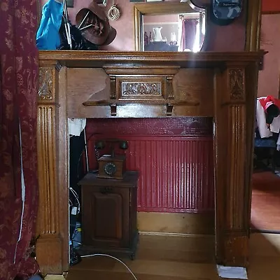 Large Antique Edwardian Fireplace Carved Solid Oak Fire Surround Over Mantle • £300