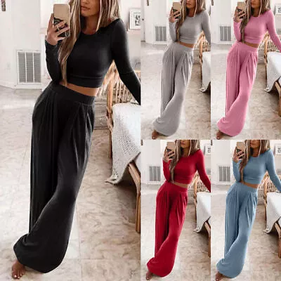 2PCS Womens Co-ord Crop Tops Pants Bottoms Loungewear Suit Tracksuit Outfit Set • £4.69