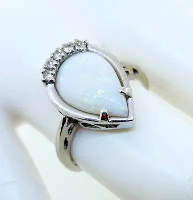 Vintage 14k White Gold Opal & Diamond Ring • $419