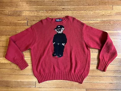 VINTAGE Polo Ralph Lauren Sweater Men’s Extra Large Red Cool Bear Hand Knit • $250