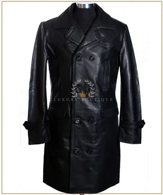 U-BOAT Black Men's WW2 German Kriesgmarine Military Cowhide Leather Long Coat • $202.07