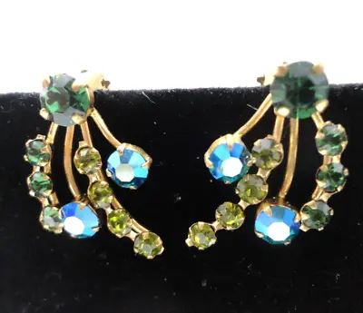 Vintage Austrian Blue Green Crystal Rhinestone Clip Earrings Gold Tone • $14.95