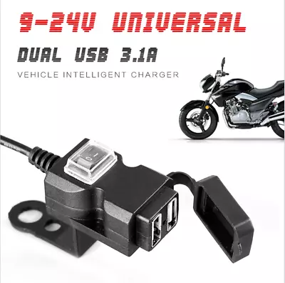 12V Waterproof Scooter Motorcycle Dual USB Phone Socket Charger 5V 3.1A W/Switch • $13.40