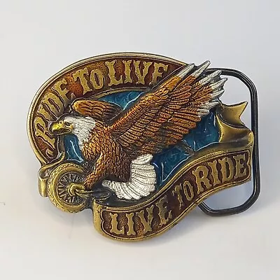 Vintage Ride To Live Live To Ride Biker Eagle ENAMEL Belt Buckle Brass 1982 USA • £18.99