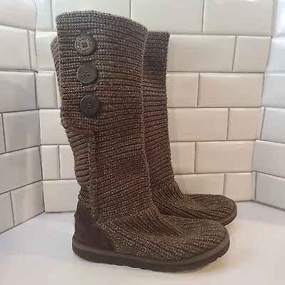 UGG Classic Cardy Boots Womens 7 Brown Gold Multi Button Up Sheepskin #1876 Knit • $19.90