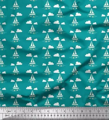 Soimoi Cotton Poplin Fabric Cloud|Fish & Yacht Nautical Print Fabric-Zi4 • $9