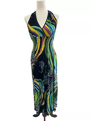 Hawaiian Maxi Dress Large Halter Psychedelic Wild Festival Beach Silk FLAWS VTG • $18